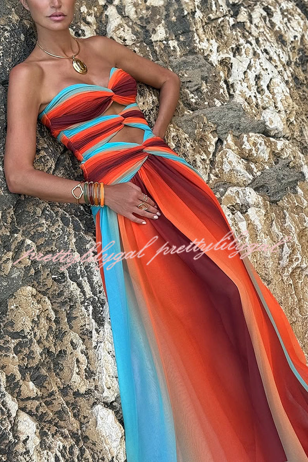 Neon Sunset Mesh Printed Twist Cutout Off Shoulder Vacation Maxi Dress