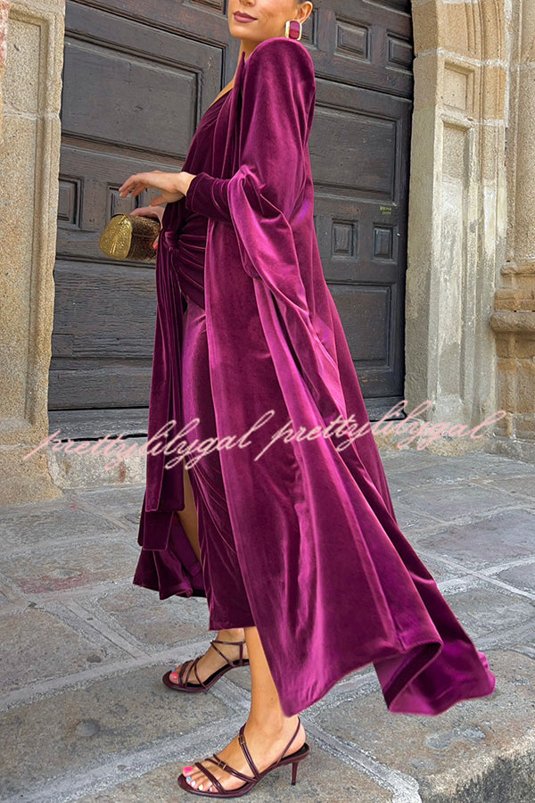 Olivienne Luxurious Velvet Padded Shoulders Slit Sleeve Lapel Midi Cape