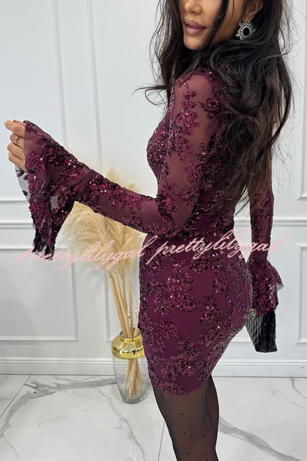 Deep and Dazzling Floral Texture Sequin Long Bell Sleeve Open Back Mini Dress