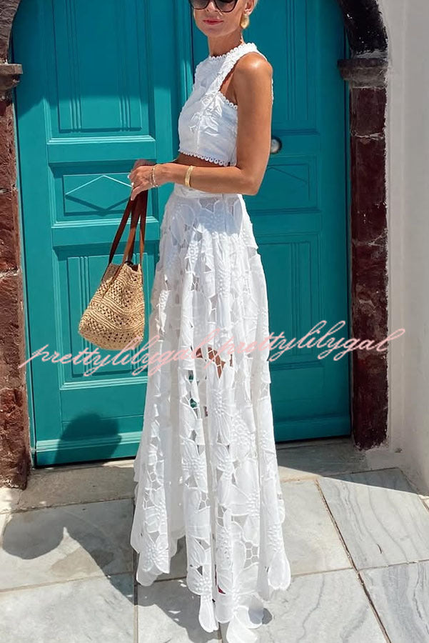 Next Trip Floral Embroidery Crochet Lace Crop Tank Top and Elastic Waist Pocket Maxi Skirt Set