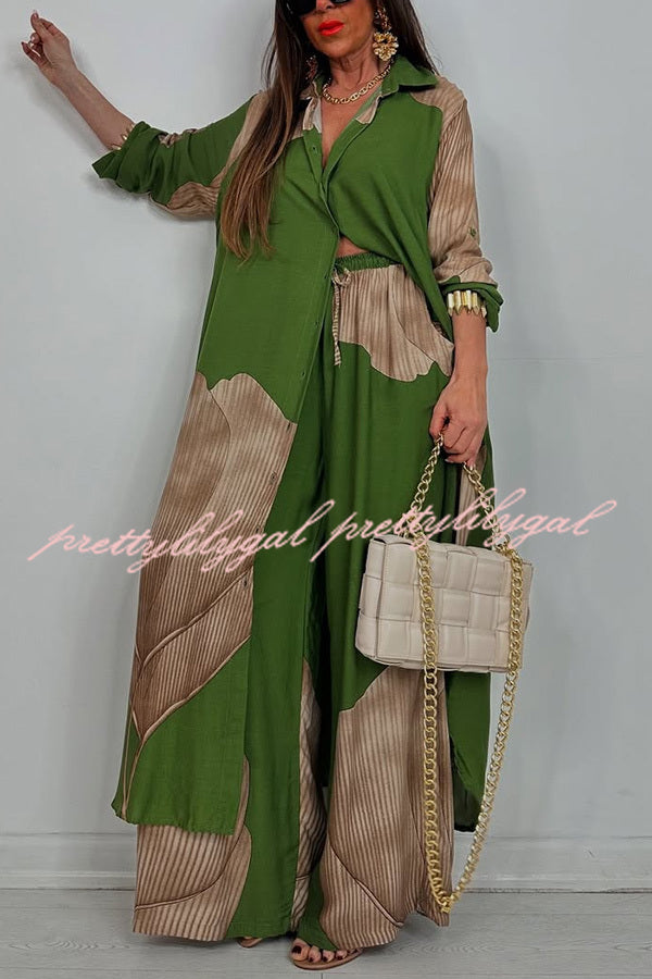 Unique Printed Casual Loose Long Shirt and Elastic Waist Pocket Wide Leg Pants Set