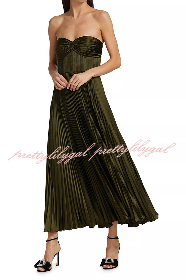 Love Note Satin Sweetheart Twist Off Shoulder Pleated Maxi Dress