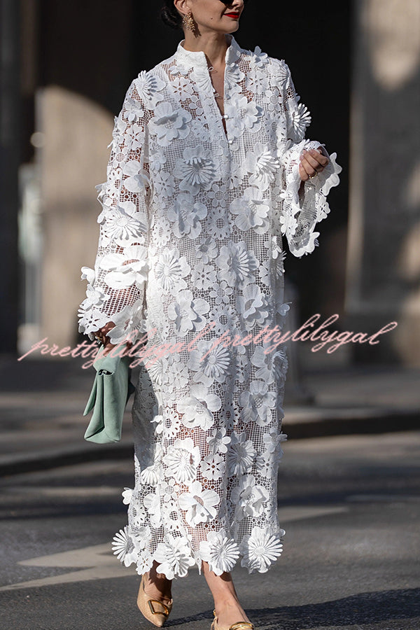 Solid Color Hollow Embroidery Loose Long Sleeve Midi Dress