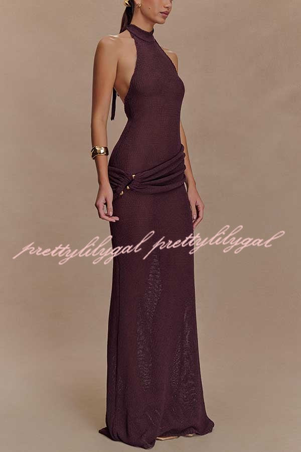 Quiet Confidence Knit Ruched Hip Halter Backless Stretch Maxi Dress