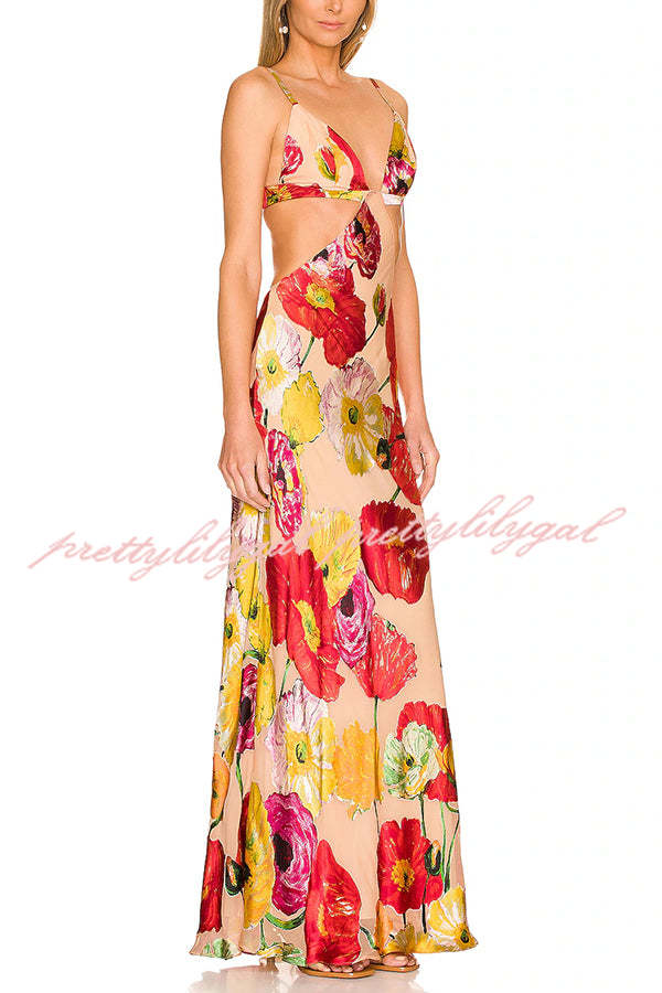 Hawaiian Dreams Satin Floral Print Cutout Backless Maxi Dress