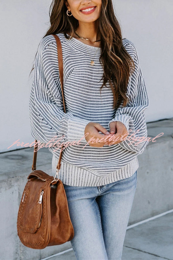 Knitted Striped Round Neck Dolman Sleeve Casual Loose Sweater