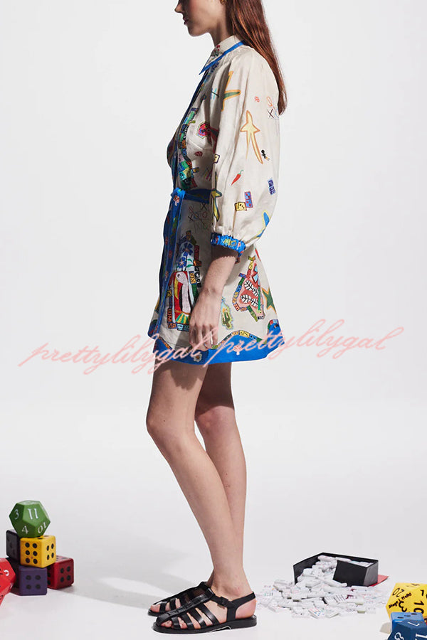 Linen Blend Unique Printed Balloon Sleeve Pocket Tie Waist Mini Dress