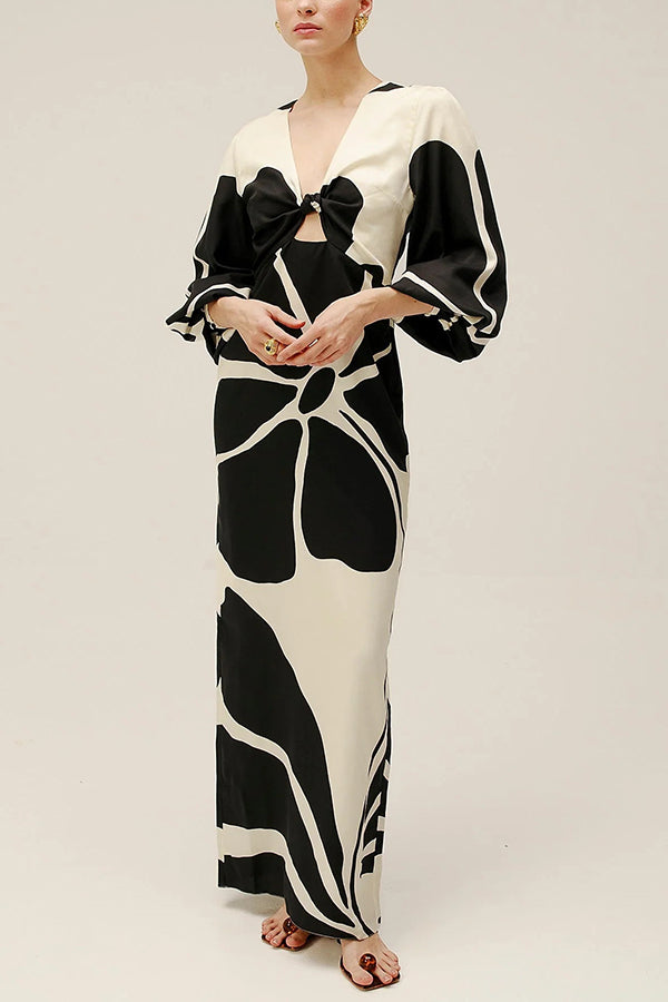 Kaya Linen Blend Color Block Print Front Cutout Knot Puff Sleeve Maxi Dress
