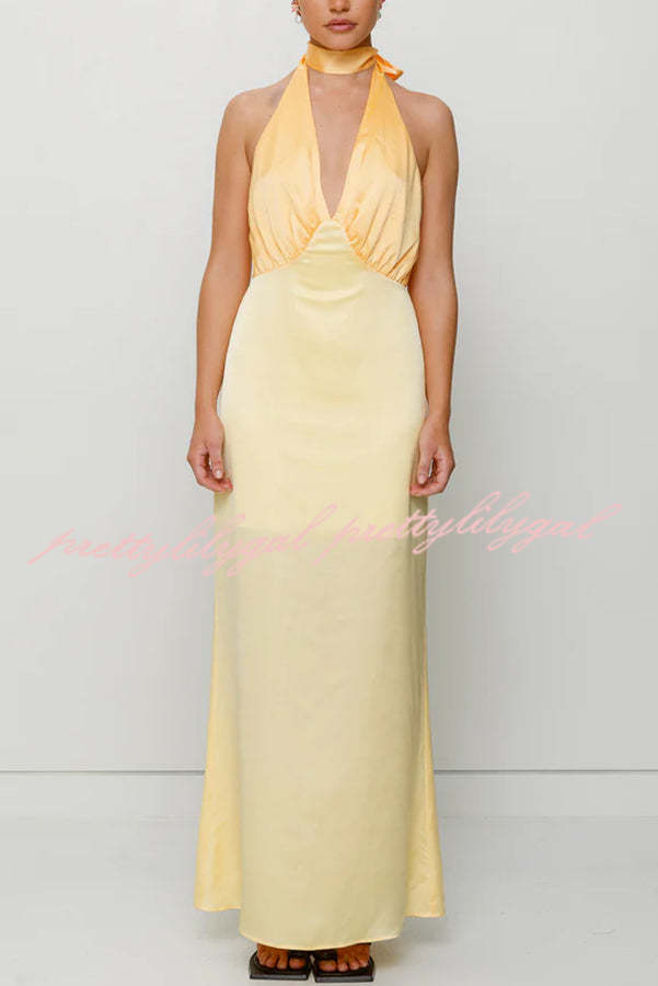 Like A Gem Satin Colorblock Halter Backless Party Maxi Dress