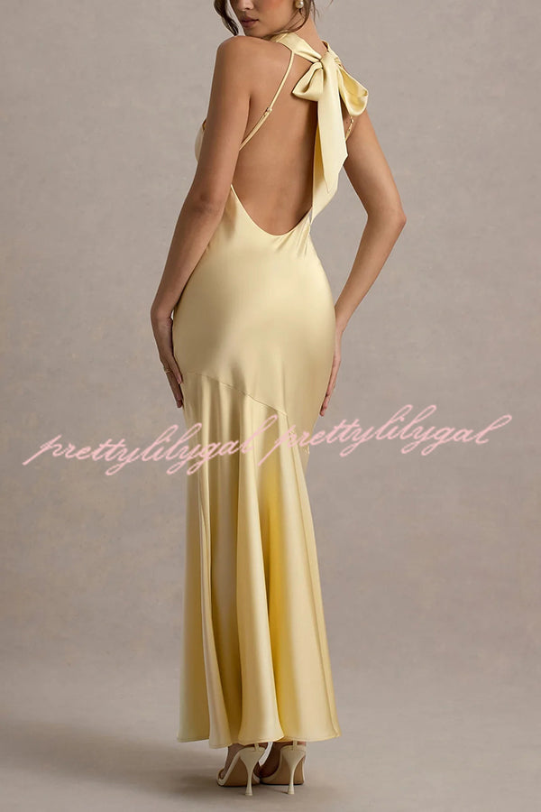 Timeless Sophistication Satin Cowl Detail Back Self-tie Halter Neck Maxi Dress