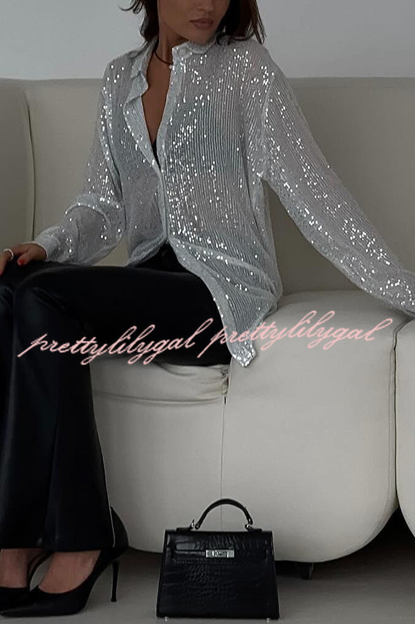 Fashion Sequin Lapel Long Sleeve Loose Shirt