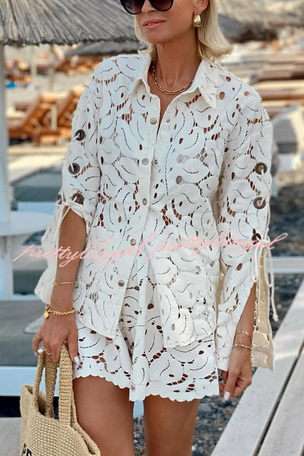 Always Favourite Lace Hollow Tie-up Slit Long Sleeve Shirt and Elastic Waist Shorts Set