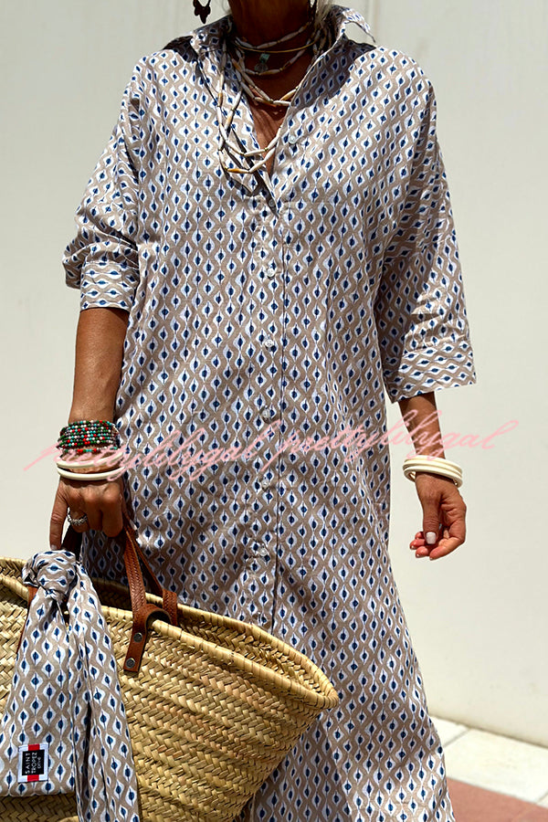 Summer Splendor Printed Button Half Sleeve Belt Loose Shirt Midi Dress