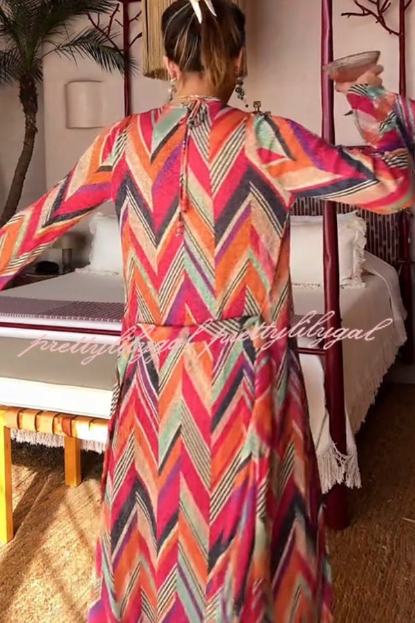 Gypsy Girl Triangle Pattern Tie-up Long Sleeve Midi Cover-up Robe