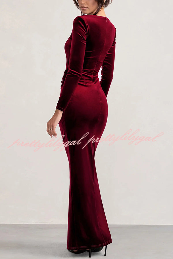 Hollywood Glamor Velvet Plunge Neck Long Sleeve Twisted Slit Stretch Maxi Dress