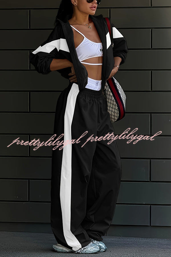 Fashionable Contrasting Long-sleeved Loose Coat and Elastic Waist Wide-leg Pants Set