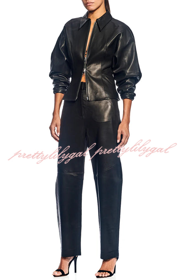 Pop of Brown Faux Leather Double Zipper Detail Balloon Sleeve Lapel Jacket