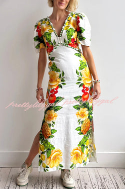 Picnic Flowers Linen Blend Floral Print Puff Sleeve Braided Rope Trim Maxi Dress