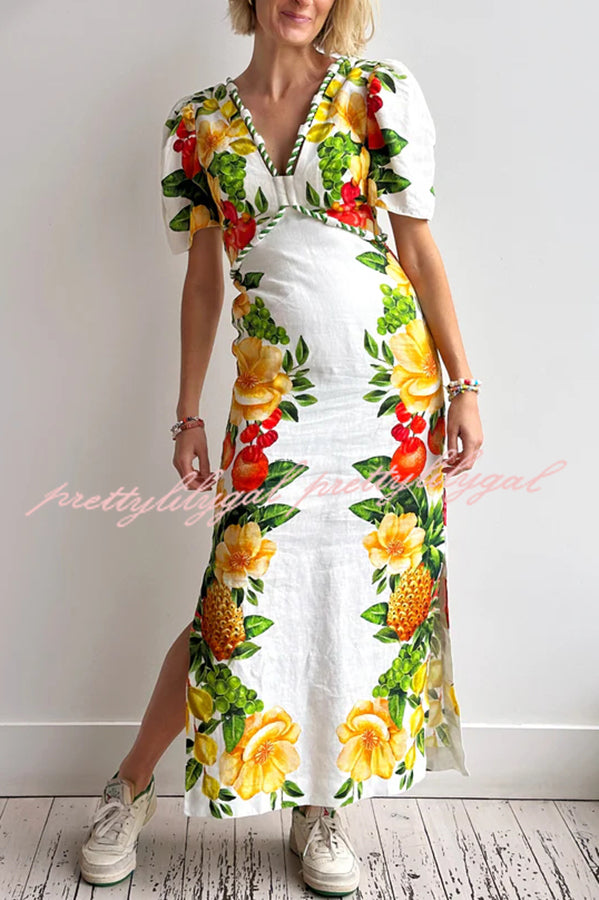 Picnic Flowers Linen Blend Floral Print Puff Sleeve Braided Rope Trim Maxi Dress