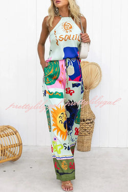 Meet Your Destiny Satin Abstract Print Elastic Waist Pocketed Wide Leg Pants