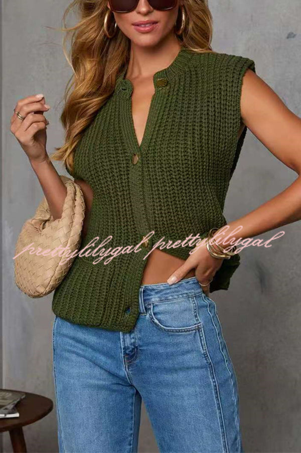 Solid Color Sleeveless Button Pocket Knit Vest