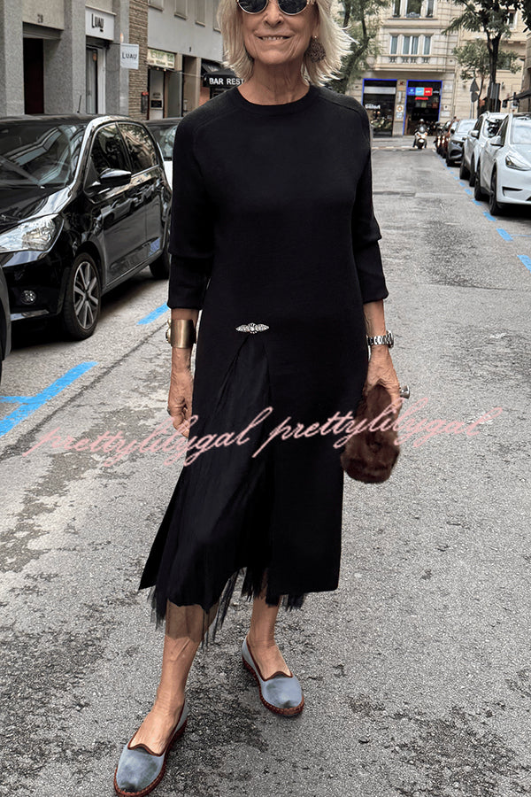 Jollie Knit Long Sleeve Front Slit Midi Sweater and Pleated Tulle Stretch Tank Midi Dress Two-piece Set