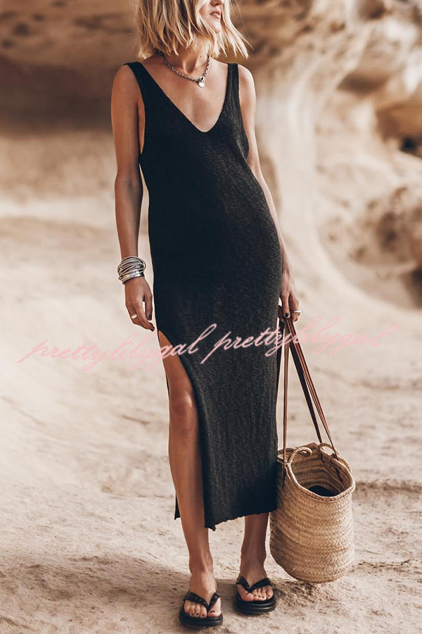 Vacation Breeze Knit Slit Loose Tank Midi Dress