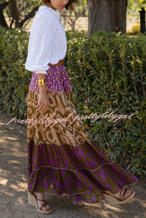 Resort Style Unique Print Elastic Waist Loose Stitching Maxi Skirt