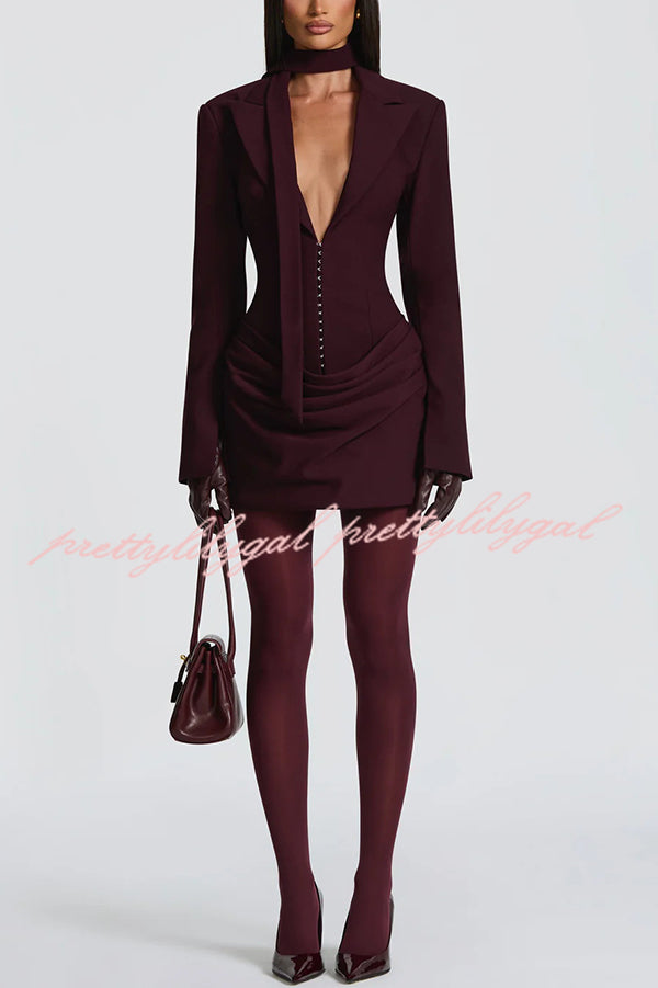 Solid Color Slim-fit V-neck Elegant Draped Formal Mini Dress