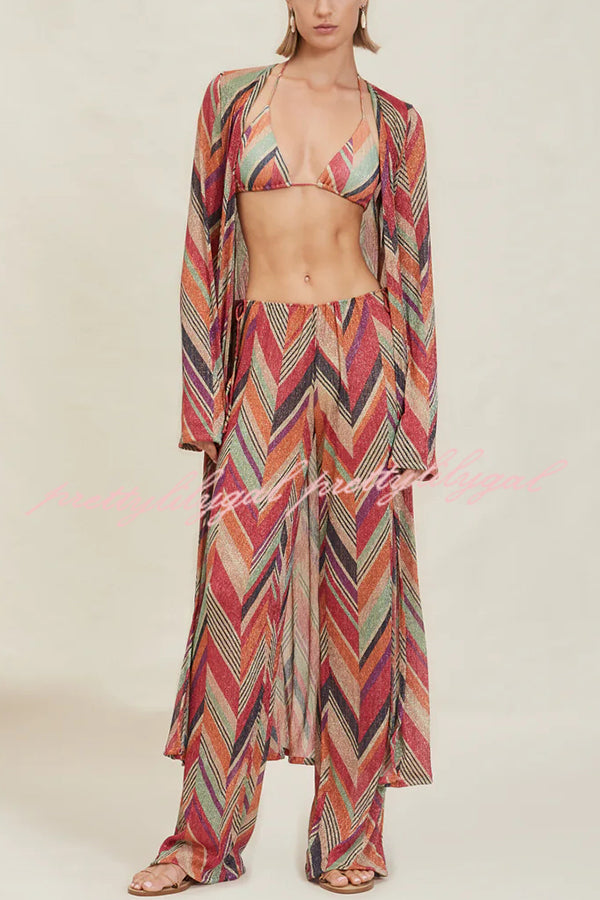 Gypsy Girl Triangle Pattern Tie-up Long Sleeve Midi Cover-up Robe