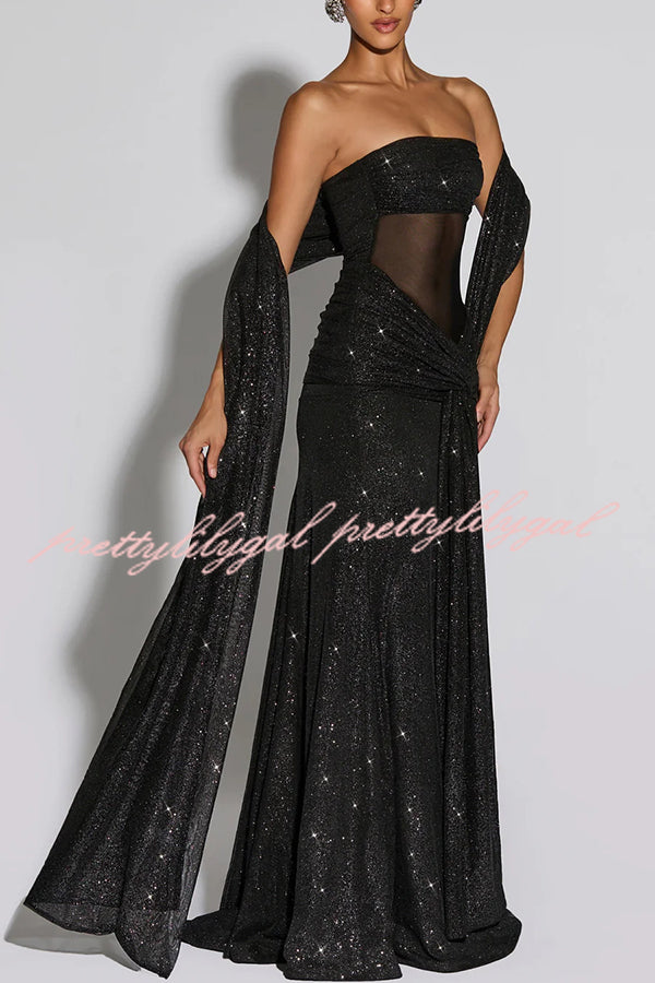 Paula Sequined Mesh and Jersey Off Shoulder Ruched Knot Drape Shawl Maxi Dress