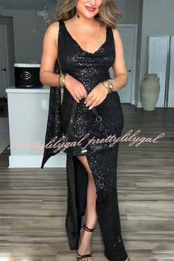 All The Sparkle Sequin Cowl Neck Backless Slit Stretch Maxi Dress