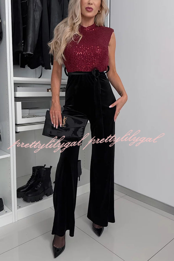 Perfect Party Style Sequin Velvet Patchwork Backless Flare Stretch Jumpsuit