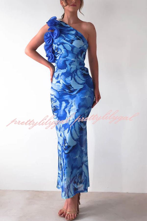 Floral Print Sleeveless 3D Flower One Shoulder Slim Maxi Dress