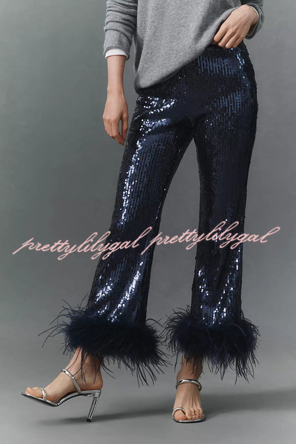 New Year Eve Sequin Feather Trim High Rise Back Zipper Flare Pants