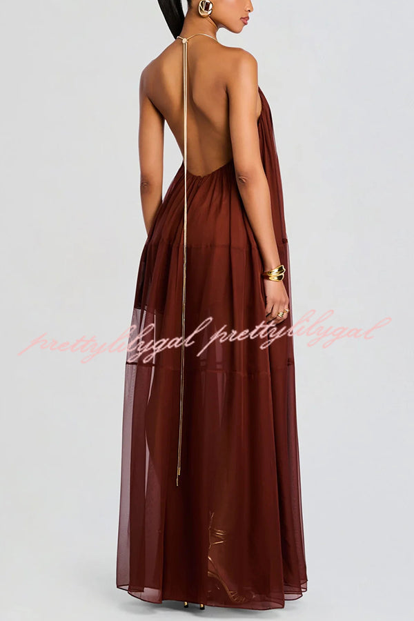 Flowing Lightweight Chiffon Chain Halter Neck Detail Backless A-line Maxi Dress