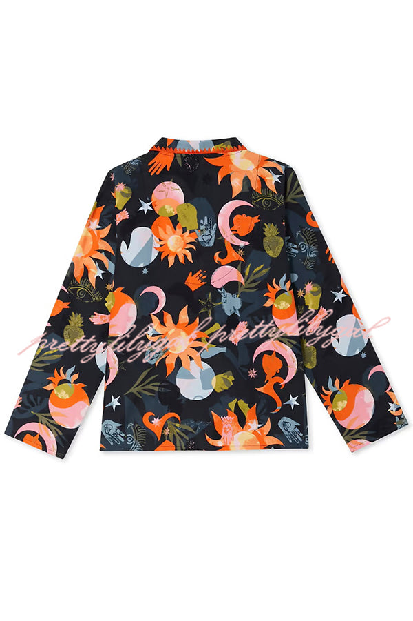 Evening Routine Unique Print Color-block Trim Loose Shirt and Elastic Waist Pocketed Pajama Set