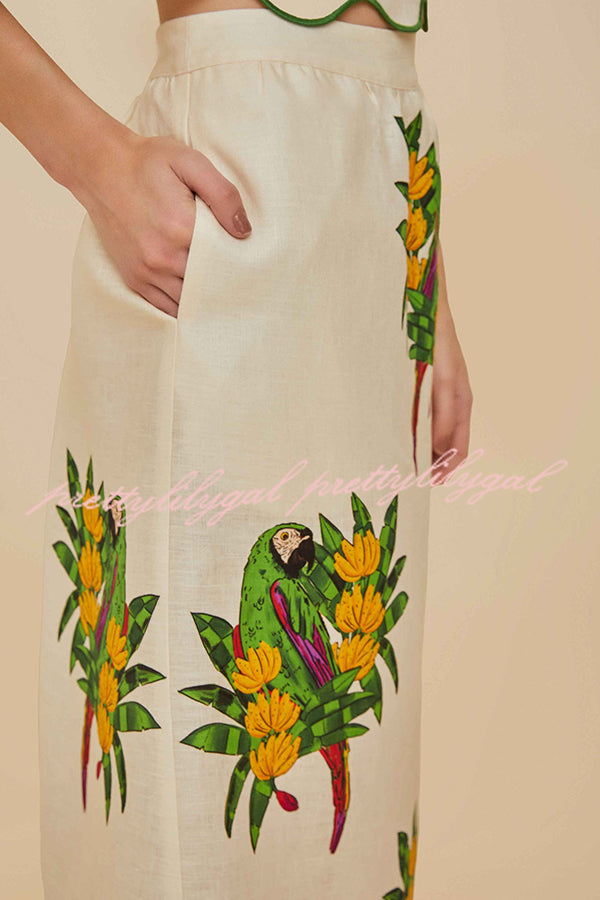 Parrot Print Round Neck Loose Crop Top and Elastic Waist Pocket Casual Midi Skirt Set