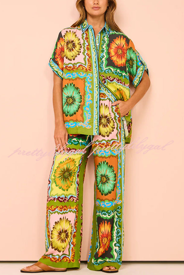 Disco Daisy Unique Printed Colorblock Elastic Waist Pocket Pants Set