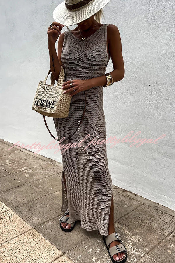 Solid Color Knitted Cutout Slit Slim Fit Maxi Dress