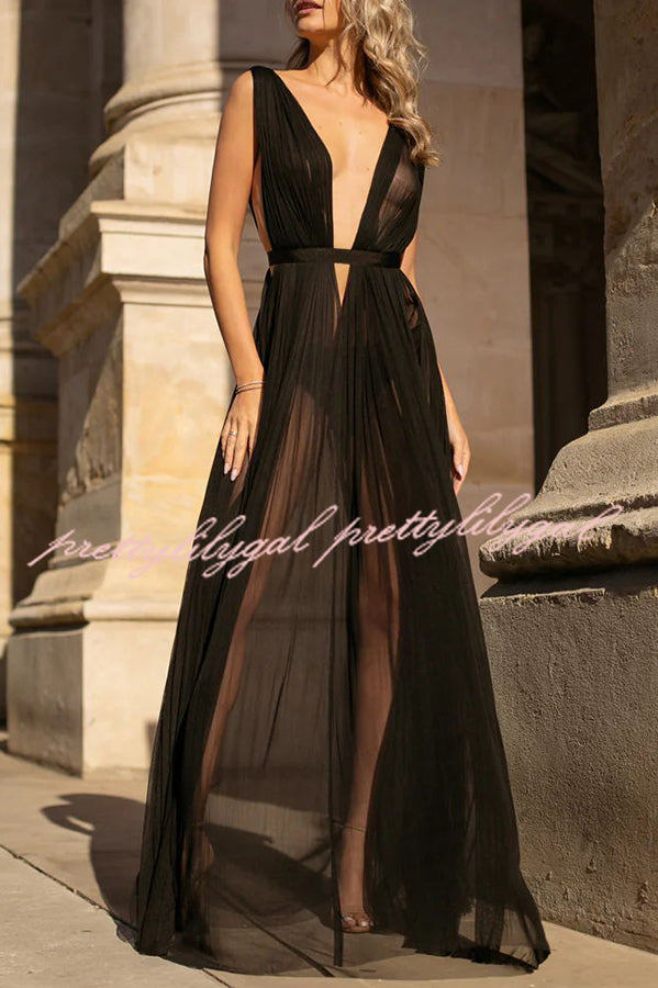 Sexy Muse Semi-sheer Tulle Fabric Fixed Back Tie-up Maxi Dress