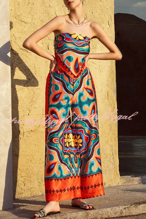Ethnic Style Unique Print Tube Top and Elastic Waist Casual Pocket Wide Leg Pants Set