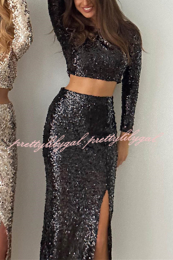 Solid Sequined Long-sleeved Crop Top and Sexy Slit Midi Skirt Set