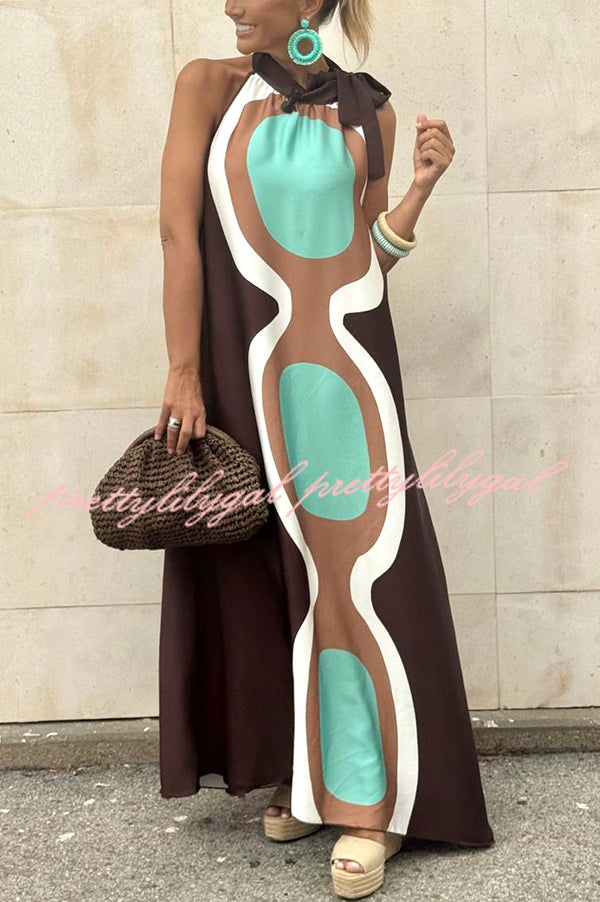 Unique Print Sleeveless Halter Neck Loose Holiday Maxi Dress
