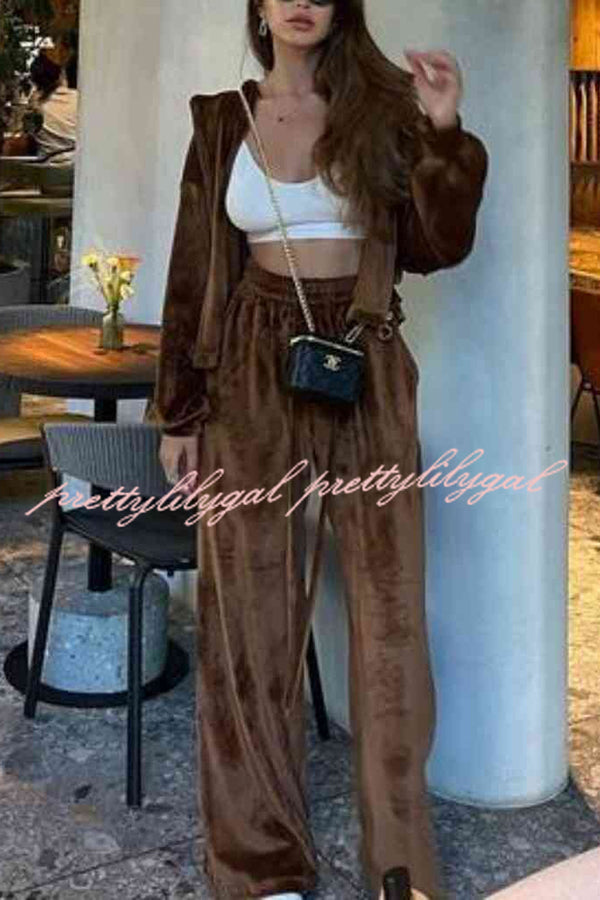 Velvet Casual Zip-up Hooded Top and Elastic Waist Wide Leg Pants Set