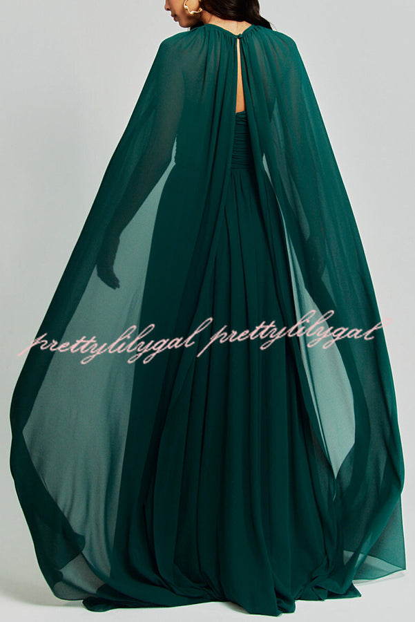Romantic Party Chiffon Off Shoulder Sweetheart Neck Ruched Cape Maxi Dress