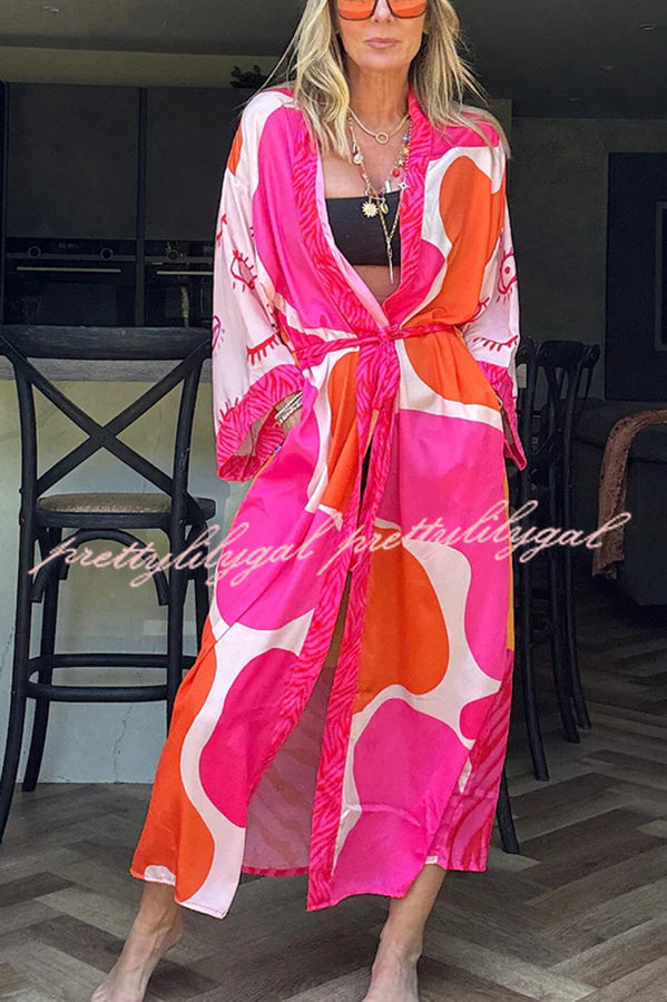Elevate Beach Style Unique Print Long Sleeve Belted Pocket Cover-up Kimono