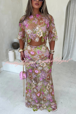 Fashionable Embroidered Flower Sequined Crop Top and Elegant Sheer Maxi Skirt Set