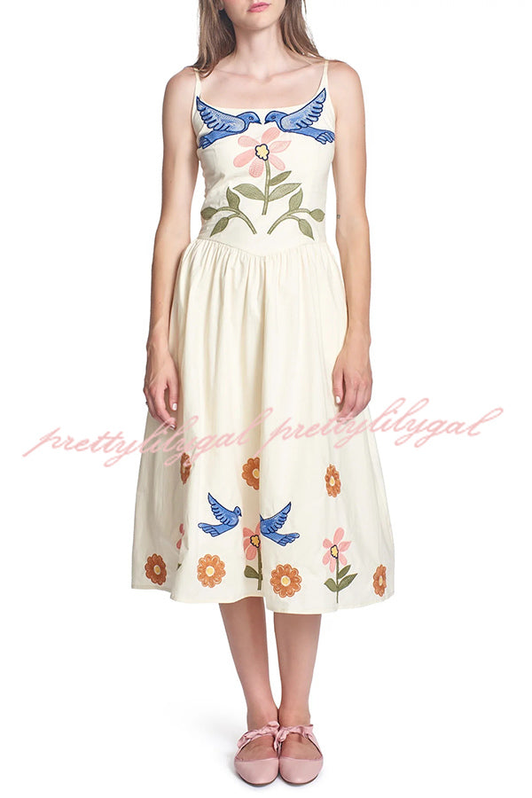 Embroidered Printed Suspenders Pleated Holiday Midi Dress