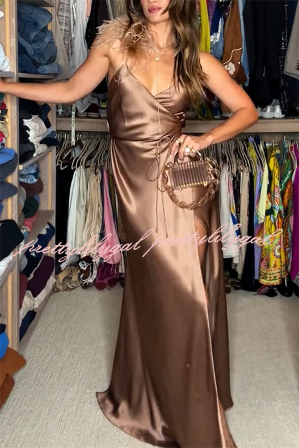Celebration Night Satin Feather Trim Wrap Tie-up Slit Gown Maxi Dress